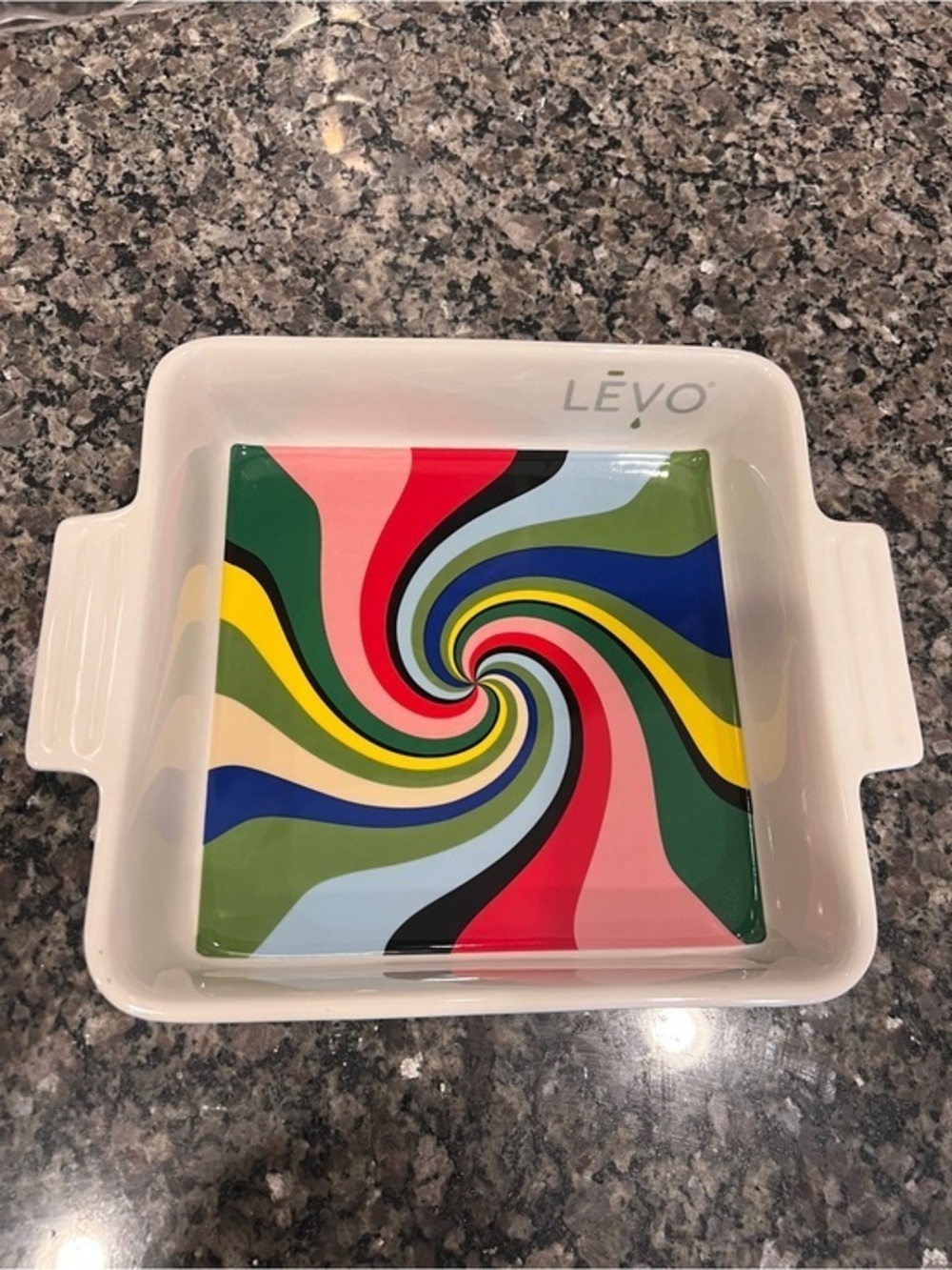 LEVO Ceramic Baking Dish with Colorful Swirl Insert 8x8 Like New Condition